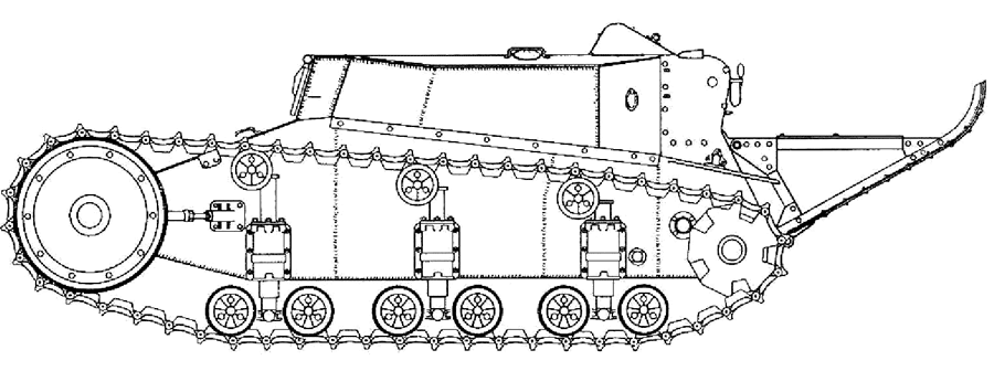 Ходовая часть советского легкого танка Т-20. Легко идентифицируется по огромному переднему колесу