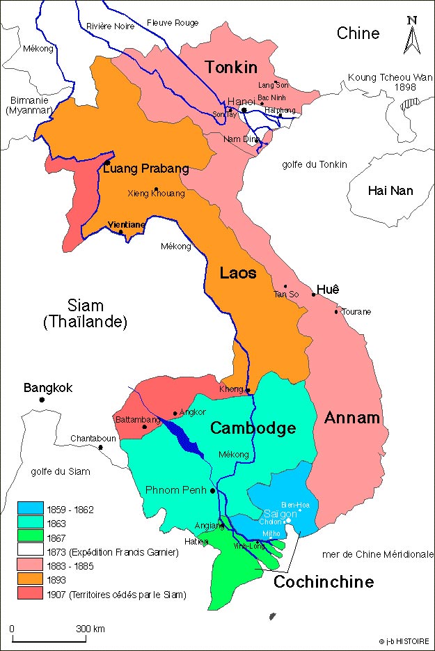 Цветом выделен Французский Индокитай в разные годы. Хорошо видны "спорные территории" на деле нагло отхваченные французами у королевства Сиам