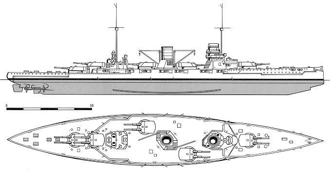 Схема расположения орудийных башен на крейсере "Гебен"