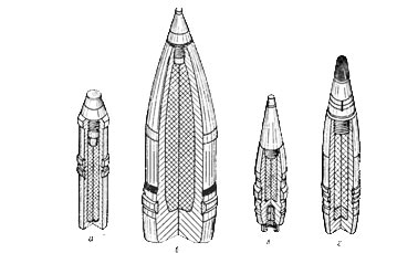 Осколочные снаряды. 1. артиллерия малого калибра, 2 - среднего калибра, 3 - малого калибра зенитной артиллерии, 4 - среднего и крупного калибра зенитной артиллерии