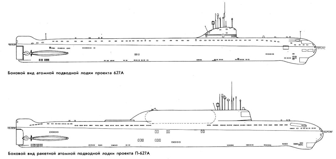 Чертеж корпуса советской атомной подводной лодки проекта 627 («Кит»)