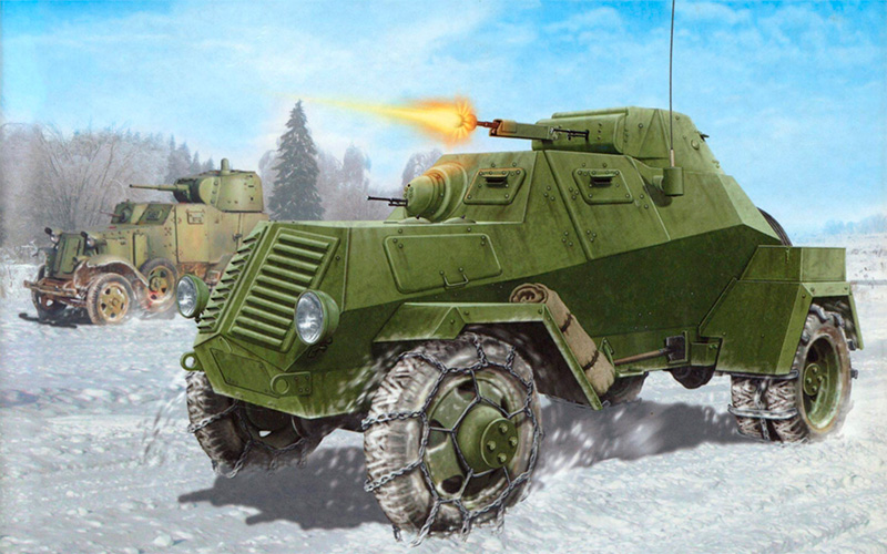 Рисунок-реконструкция бронеавтомобиля ЛБ-62 в бою.