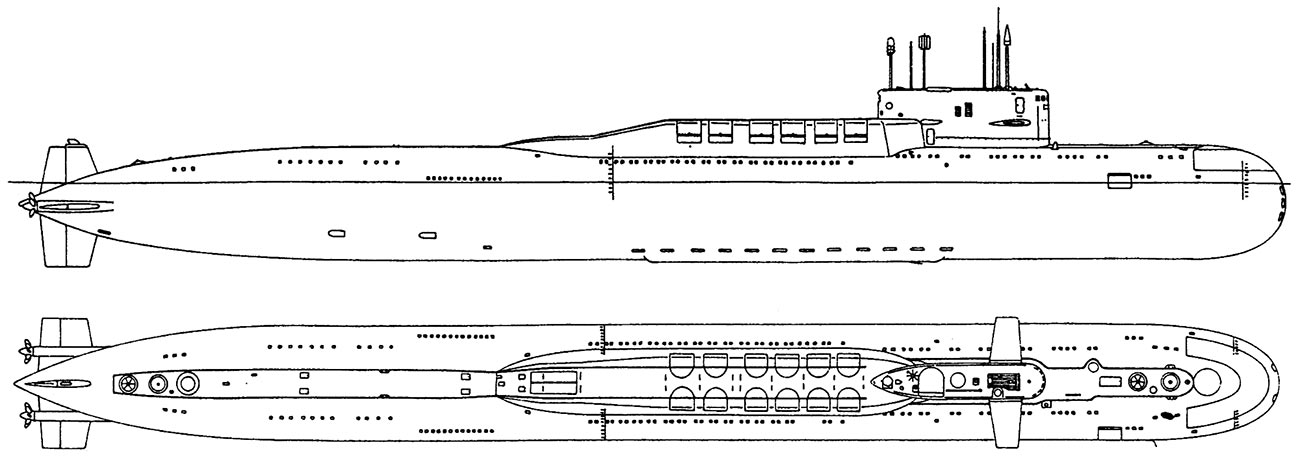 Чертеж подводного атомного ракетного крейсера Проекта 667Б «Мурена».