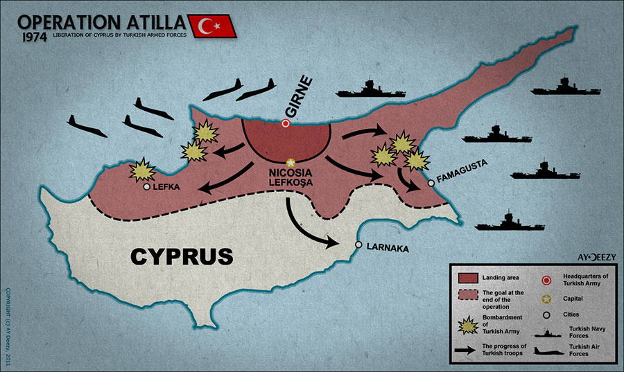 Схема турецкого вторжения на Кипр в 1974 г.
