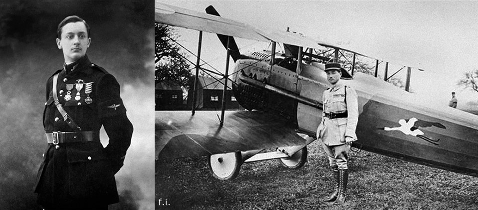 Французский воздушный ас Первой Мировой войны Жорж Гинемер, а справа - его истребитель SPAD-7 с эмблемой эскадрильи - аистом