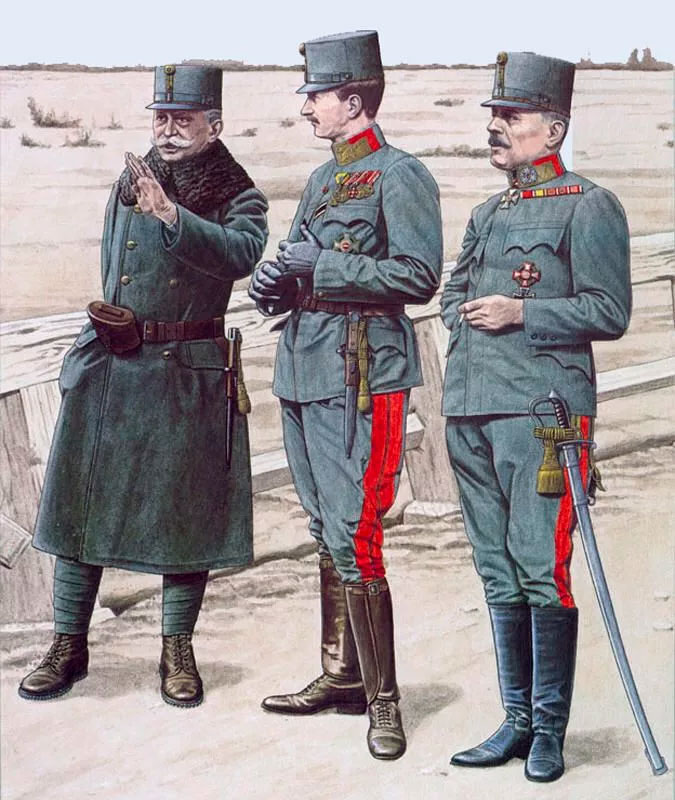 Офицерские мундиры Австро-Венгрии на заключительном этапе войны. Крайний слева - император Карл I