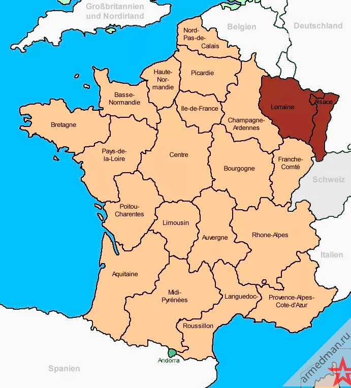 Эльзас и Лотарингия на карте современной Франции.