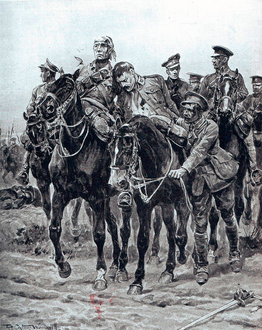 Британская кавалерия возвращается из атаки: первый день отступления от Монса, 24 августа 1914 года: рисунок Ричарда Кейтона Вудвилла