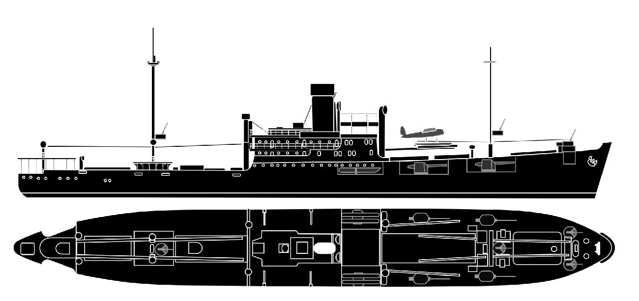 Схема расположения орудий на немецком крейсере «Комета» 